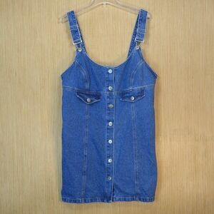 Forever 21 Denim Mini Dress Womens 14  Button Front Short Blue Boho Retro 90s